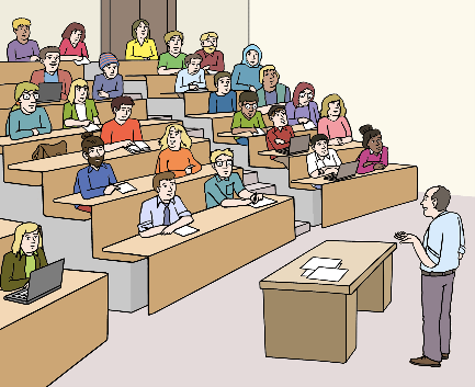 Eine Person steht unten und gestikuliert und redet. Die anderen sitzen an Tischen die Ränge hoch und schreiben mit und hören zu.